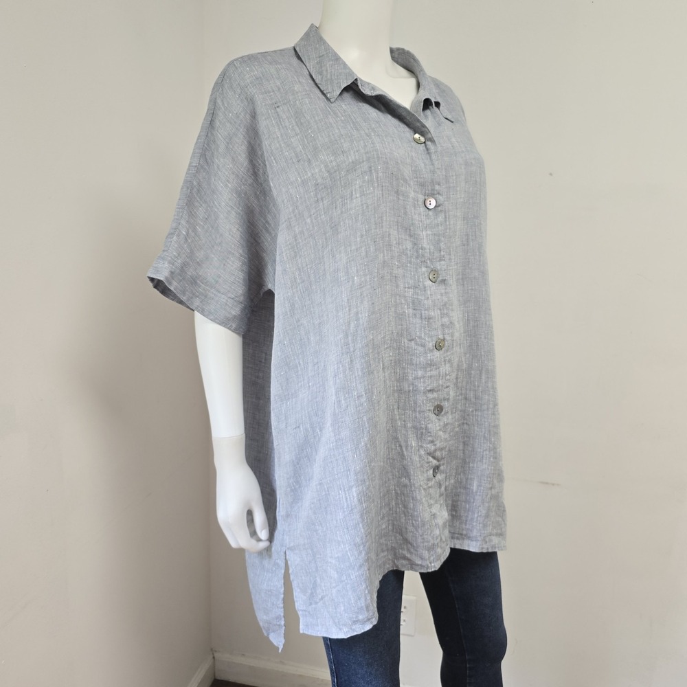 Eileen Fisher Organic Linen Shirt Button Front Tunic Shirt Sz L Relaxed Chambray - Picture 4 of 8